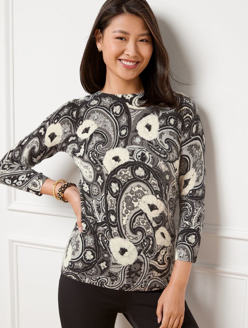[Talbots] Gray Black Abstract Paisley Print Audrey Cashmere Sweater Sz XS Petite